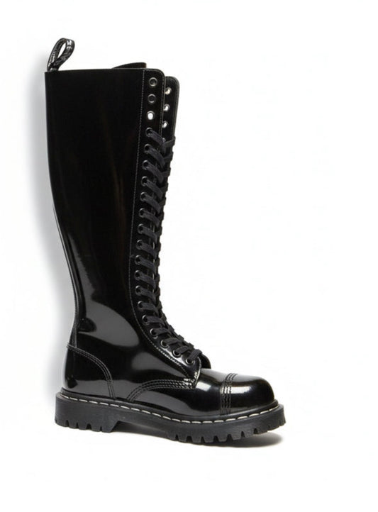 Black high lace-up boot with studded details on a white background