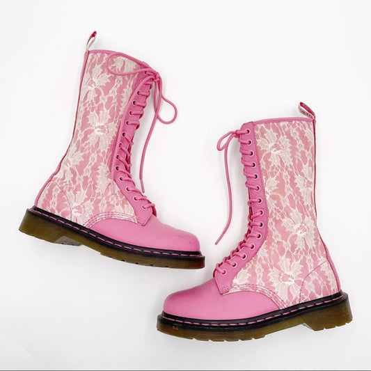 1914 W CANDY PINK+WHITE MODS LACE TALL BOOTS