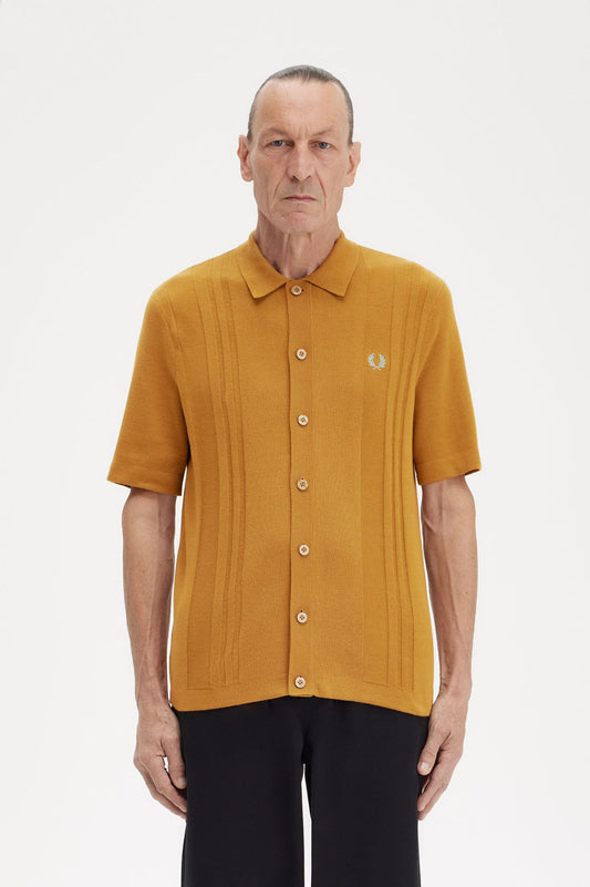 Fred Perry Button Through Knitted Shirt Dark Caramel