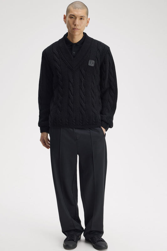 Leather Patch Cable Knit Jumper