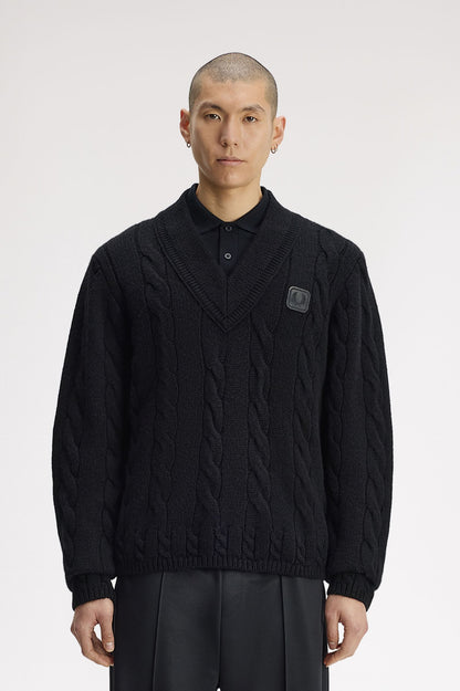 Leather Patch Cable Knit Jumper