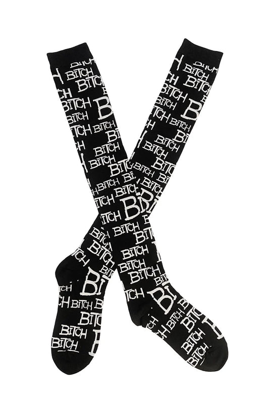 Black socks with white text pattern on a white background