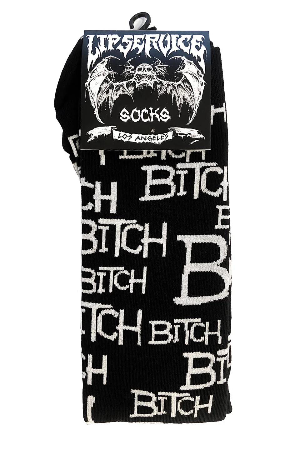 Lip service black socks with 'Bitch' text and a branded packaging on a white background