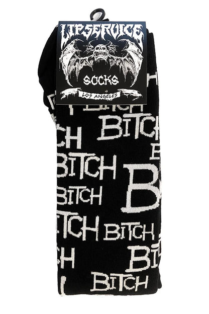 Lip service black socks with 'Bitch' text and a branded packaging on a white background