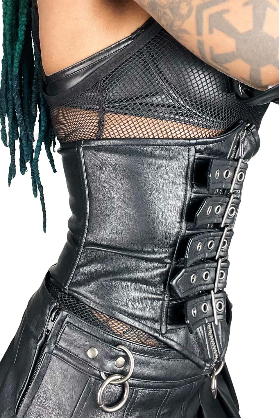 Black lip service  leather corset with intricate details and mesh panels on a white background