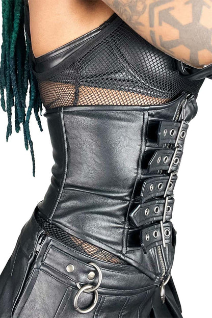 Black lip service  leather corset with intricate details and mesh panels on a white background