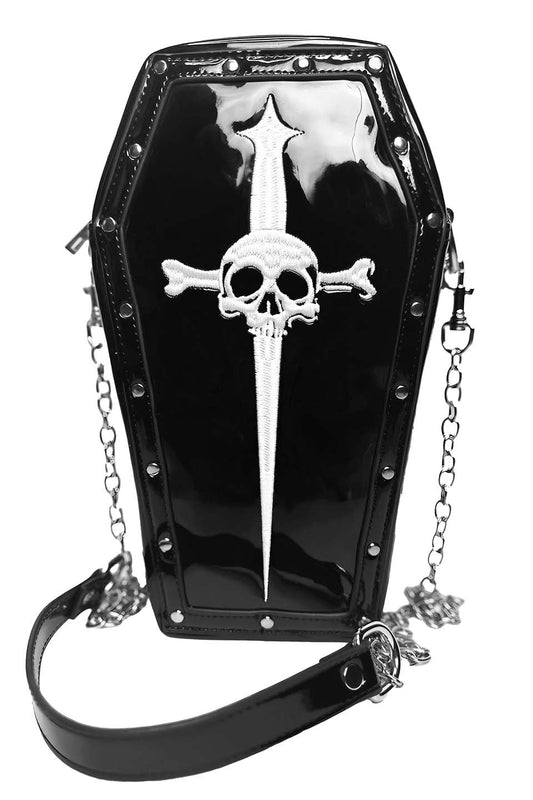 Black coffin-shaped purse with skull and crossbones design on a white background