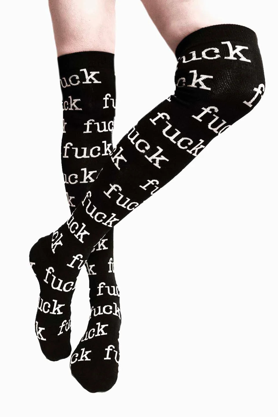 Black socks with repeated 'f*ck' text on a white background