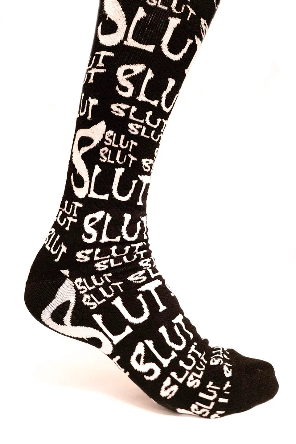 Black lip service  sock with white text pattern on a white background