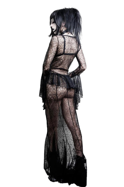 Lip service gothic-style outfit with sheer black lace top and skirt on a white background