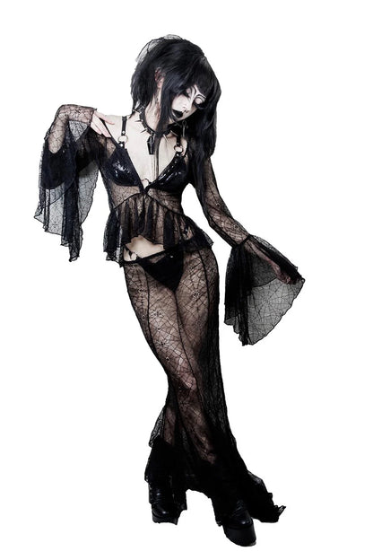 Person wearing a lip service black lace lingerie set on a white background