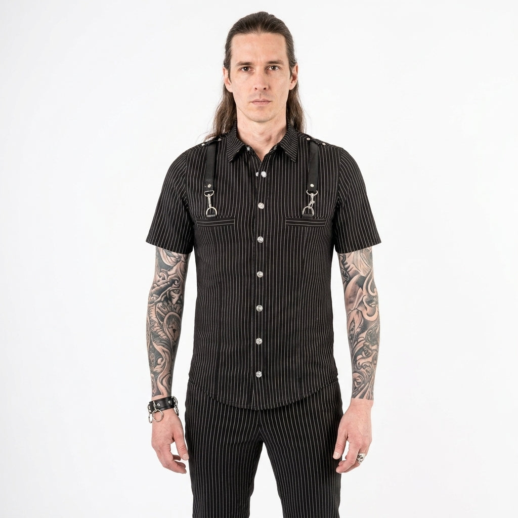Man wearing a lip service  black pinstripe shirt with suspenders on a white background