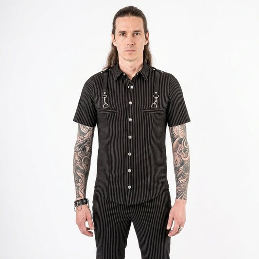 Man wearing a lip service  black pinstripe shirt with suspenders on a white background