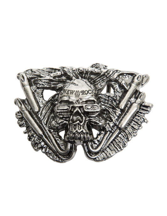 Metallic skull design with 'New Rock' branding on a white background