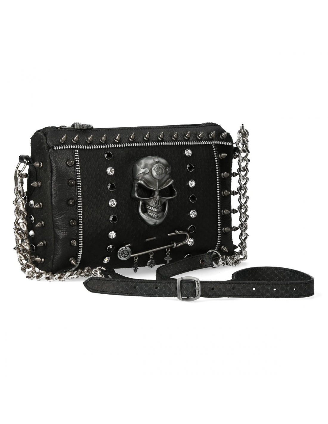Black studded handbag with skull design on a white background