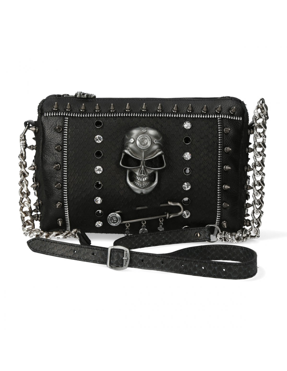 Black studded handbag with skull design on a white background