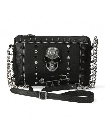 Black studded handbag with skull design on a white background