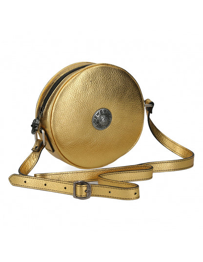 Gold round crossbody bag with a strap on a white background