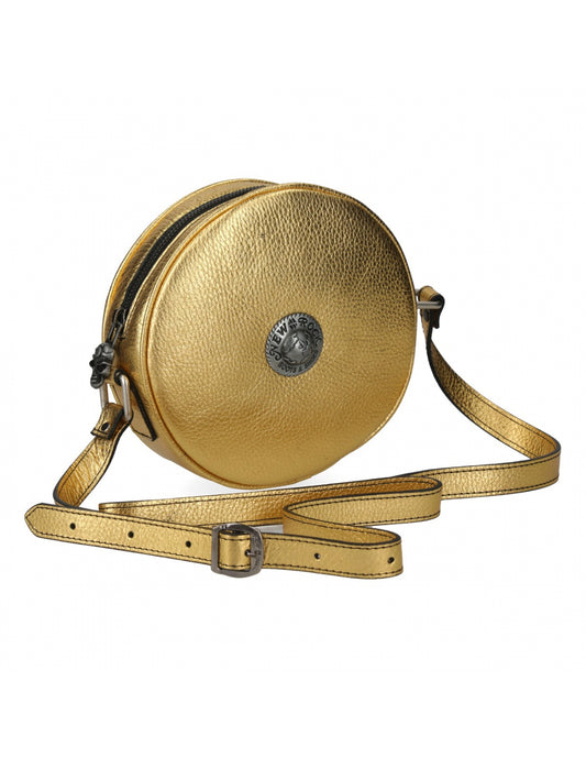 Gold round crossbody bag with a strap on a white background