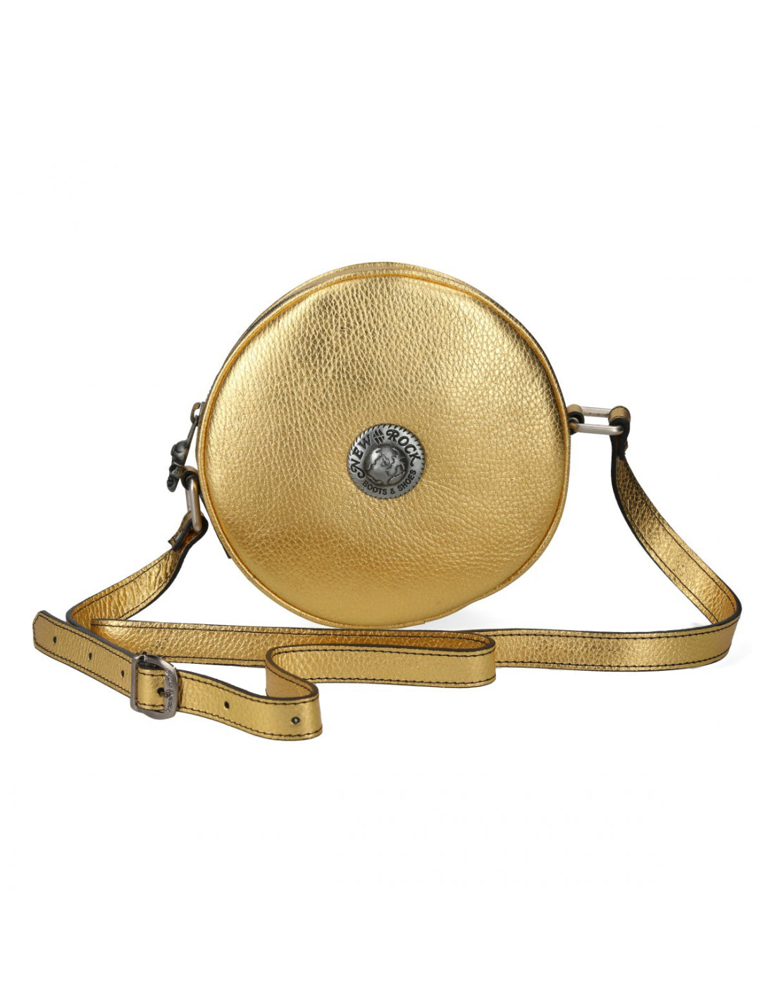 Gold round handbag with a decorative emblem on a white background