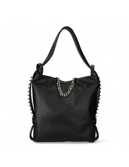 Black handbag with chain detail on a white background