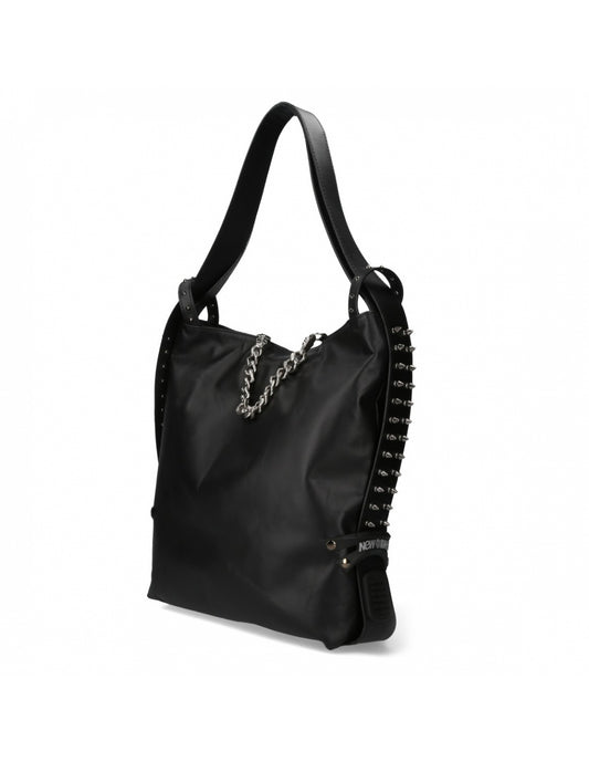 Black handbag with chain detail on a white background