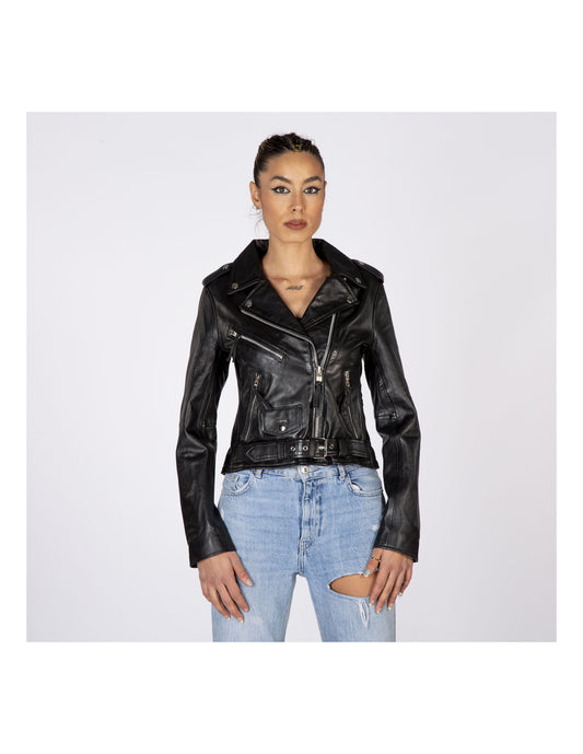 Black leather jacket worn by a person on a white background