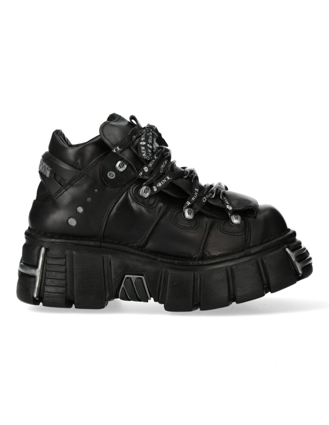 Black high-top sneaker with thick sole on a white background