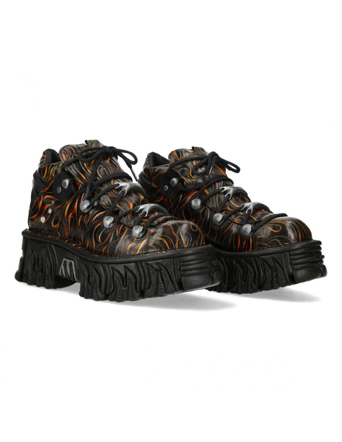 Black and orange high-top sneakers with thick soles on a white background