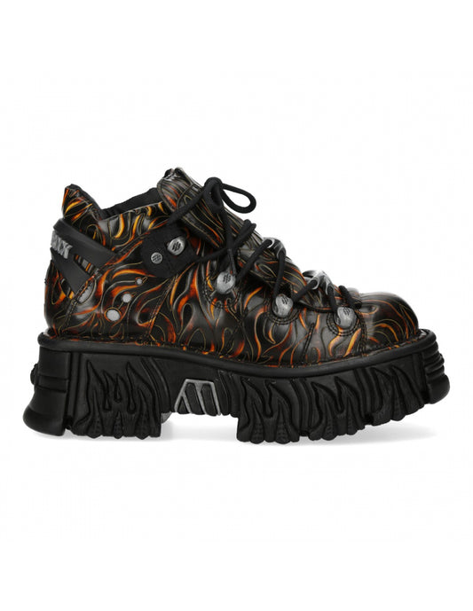 Black and orange flame-patterned high-top shoes on a white background