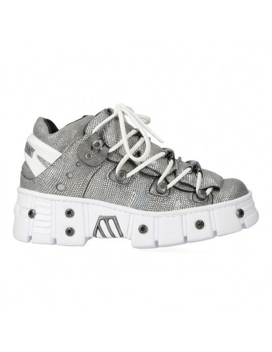 Gray and white sneaker with a brand logo on a white background