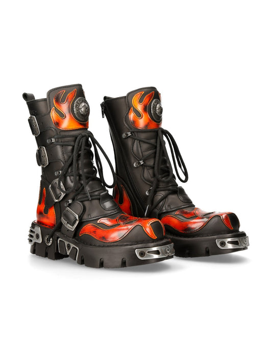 Black boots with orange flame design on a white background
