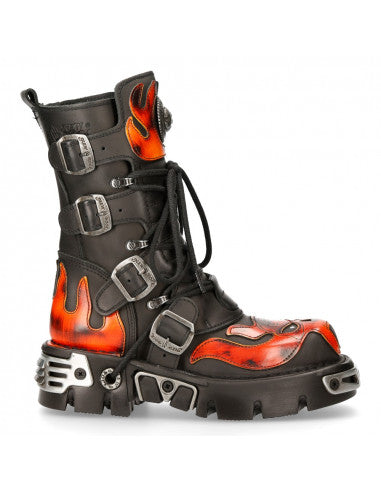 Black and orange boot with flame design on a white background