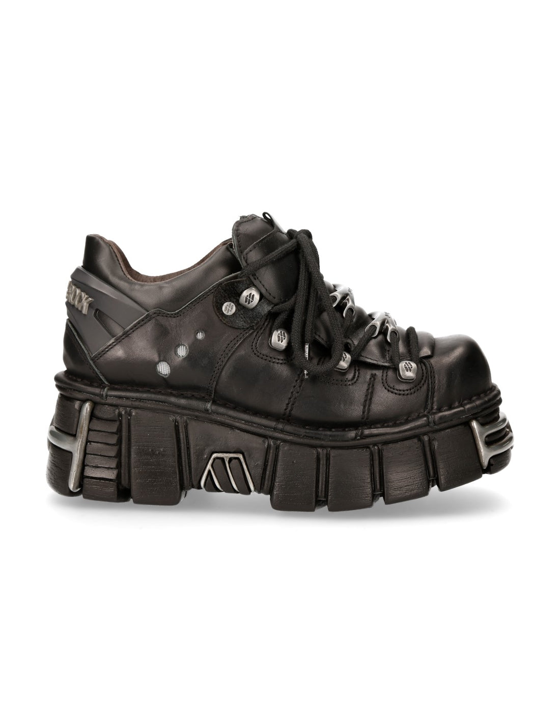 Black platform shoe with unique sole design on a white background