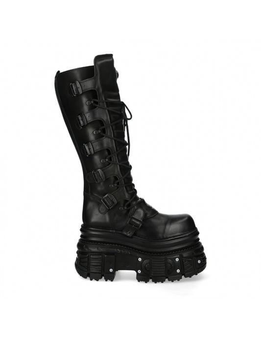 Black combat boot with multiple buckles on a white background