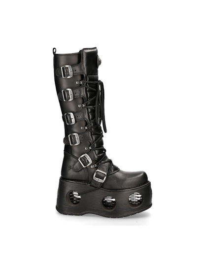 Black platform boot with multiple buckles on a white background
