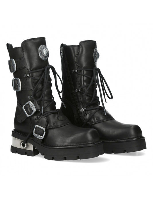 Pair of black leather boots with buckles on a white background