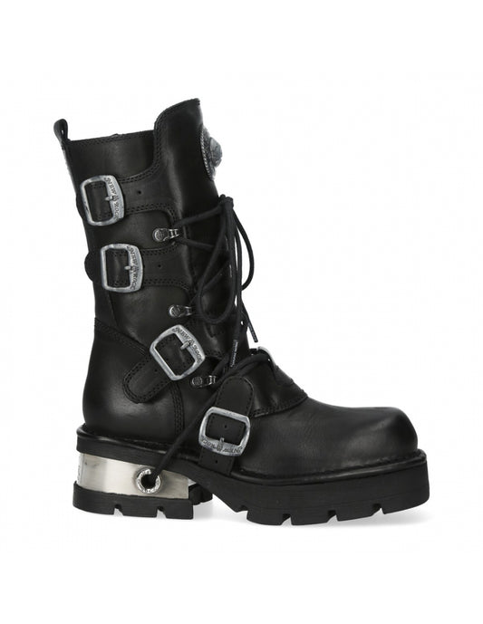 Black leather boots with silver buckles on a white background