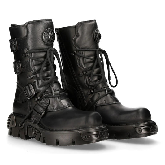 Pair of black leather boots with buckles and laces on a white background