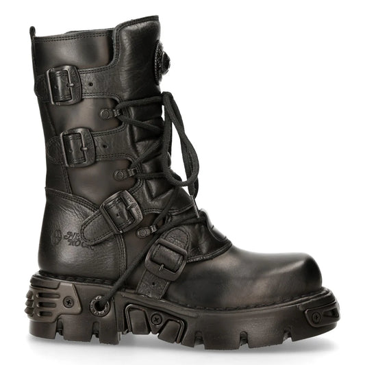 Black leather boot with multiple buckles on a white background