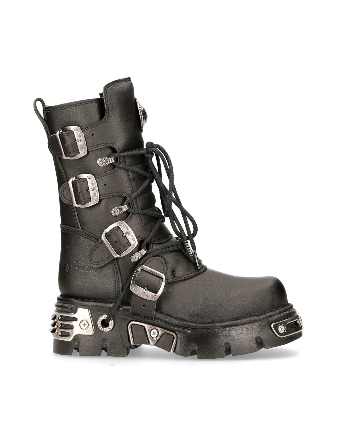 Black leather boot with silver buckles on a white background
