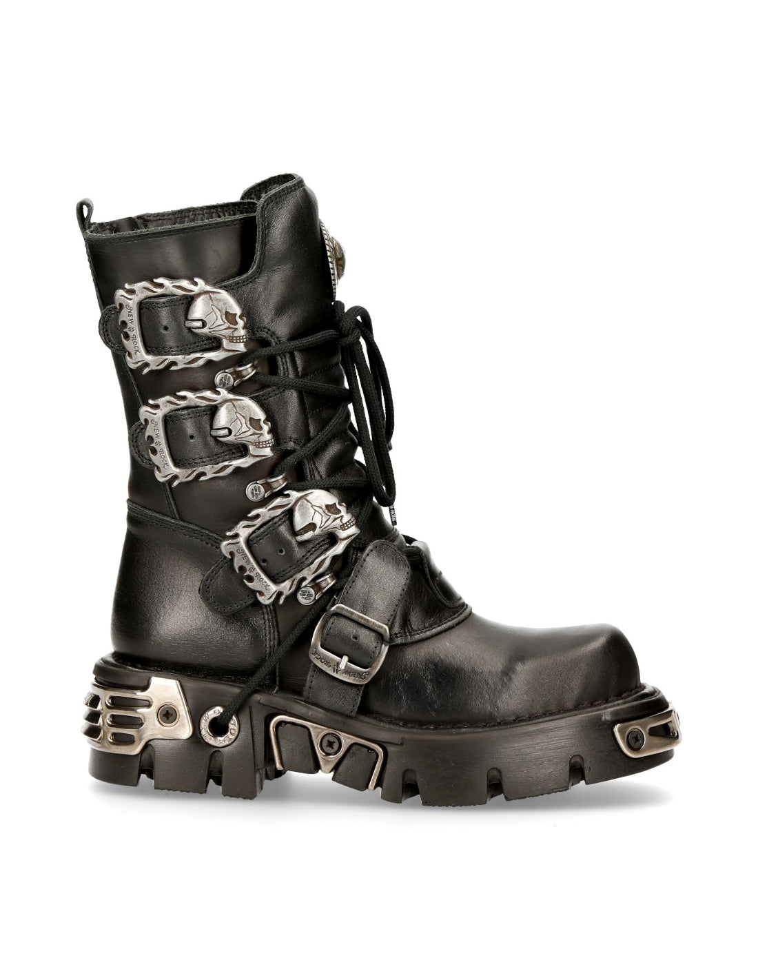 Black leather boot with metal buckles and details on a white background
