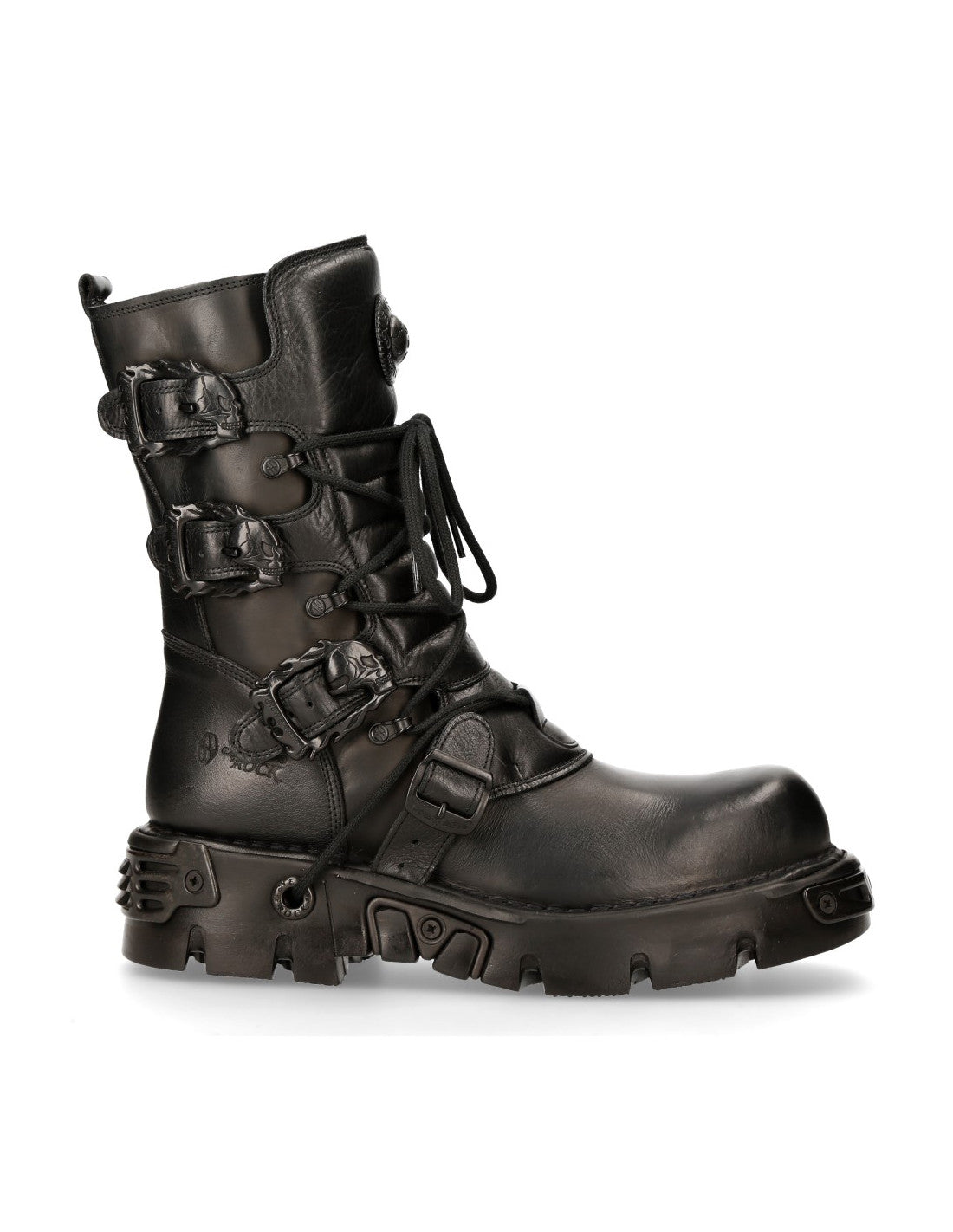 Black leather boot with multiple buckles on a white background