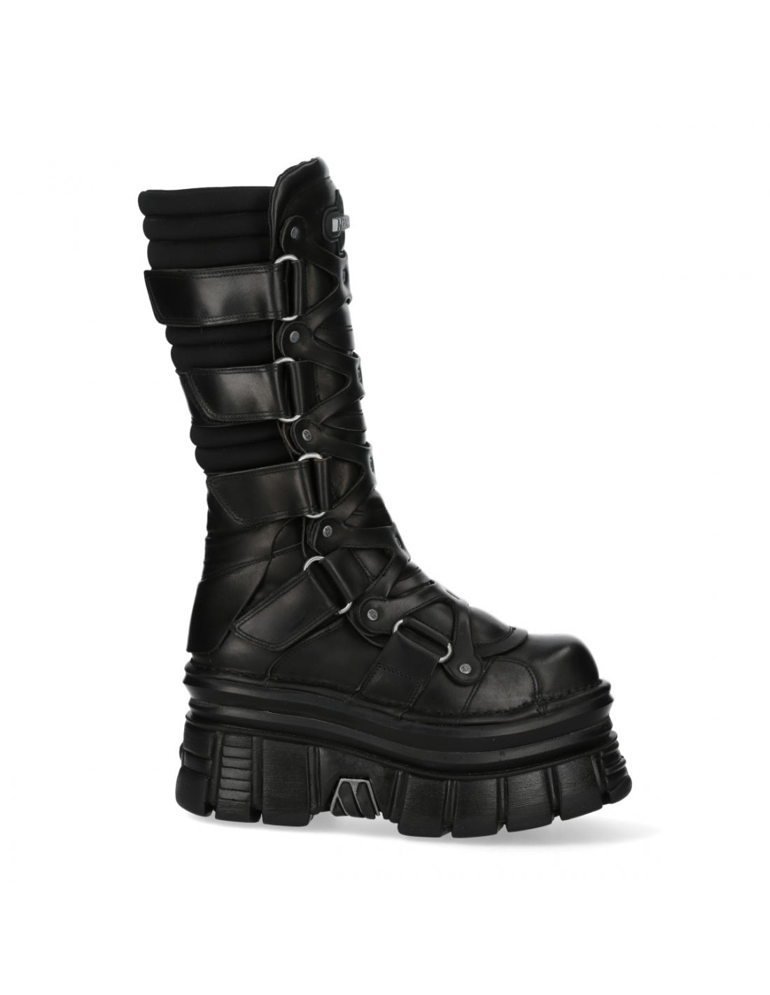 Black leather boot with buckles on a white background