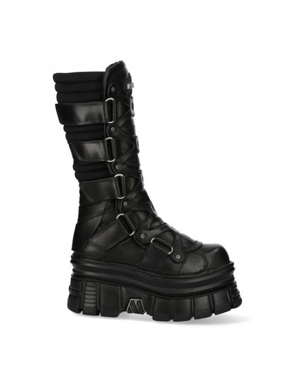 Black leather boot with buckles on a white background