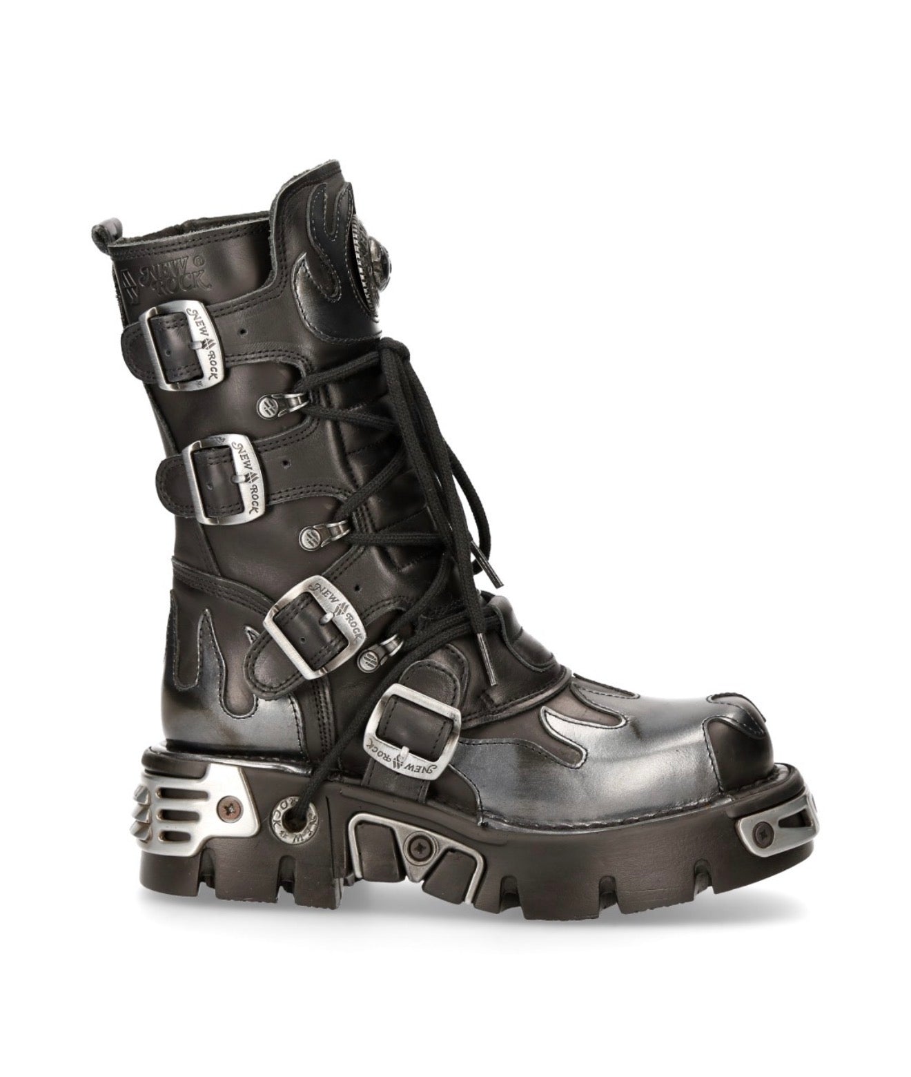Black and silver combat boots with buckles on a white background