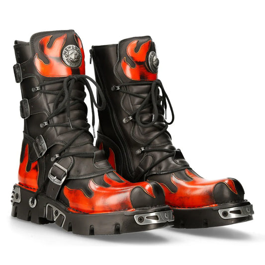 Black and red boots with flame design on a white background