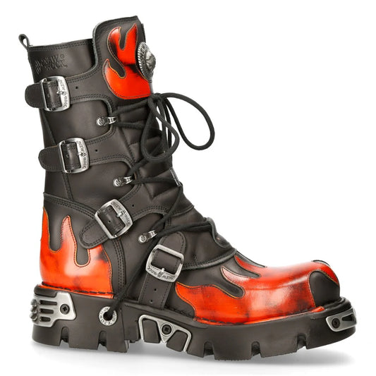 Black and red boot with flame design and buckles on a white background