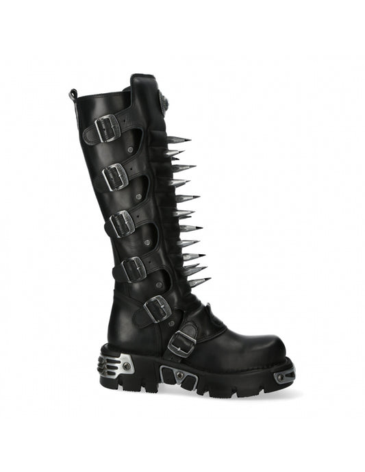 Black leather boot with spikes and buckles on a white background