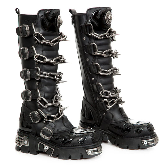 Black high boots with metal chains and spikes on a white background